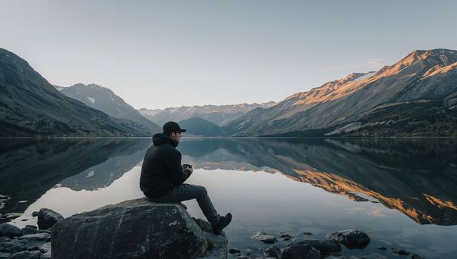 Photographer sitting on rock capturing mirror-like alpine lake reflections at sunrise