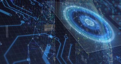 Holographic Blue Data Disc Rotating in Futuristic 3D Interface with Hex Mesh Panels