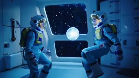 Young astronauts training balance and learning teamwork in microgravity cabin with glowing orb