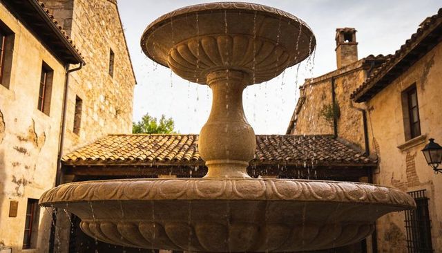 Two-Tier Stone Fountain Cascading Water in Historic Mediterranean Courtyard at Golden Hour