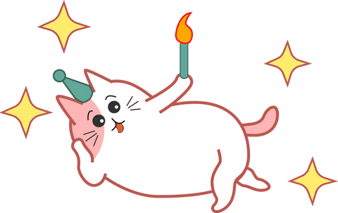Whimsical cartoon cat with candle celebrating festively on transparent background
