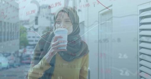 Woman in Hijab Drinking Coffee With Financial Graph Overlay