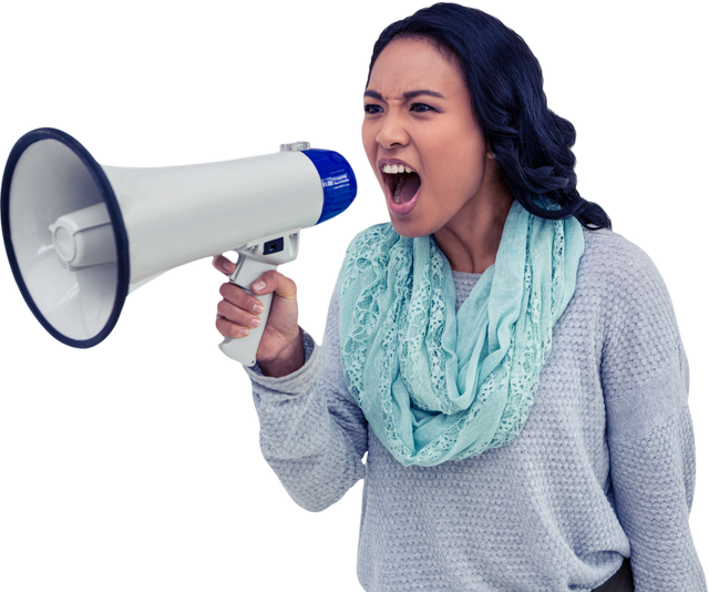 Transparent image of woman yelling through megaphone marketing announcement - Download Free Stock Videos Pikwizard.com