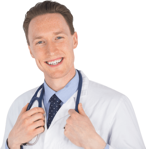 Transparent doctor smiling with stethoscope and white coat