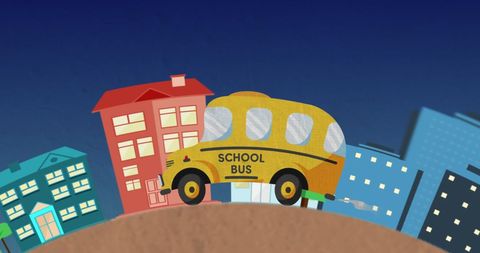 Whimsical school bus driving through vibrant cityscape