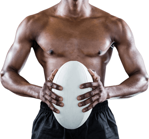 Athlete gripping rugby ball on transparent background