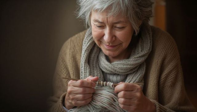Senior woman knitting with wooden needles and pastel yarn, cozy sweater and scarf