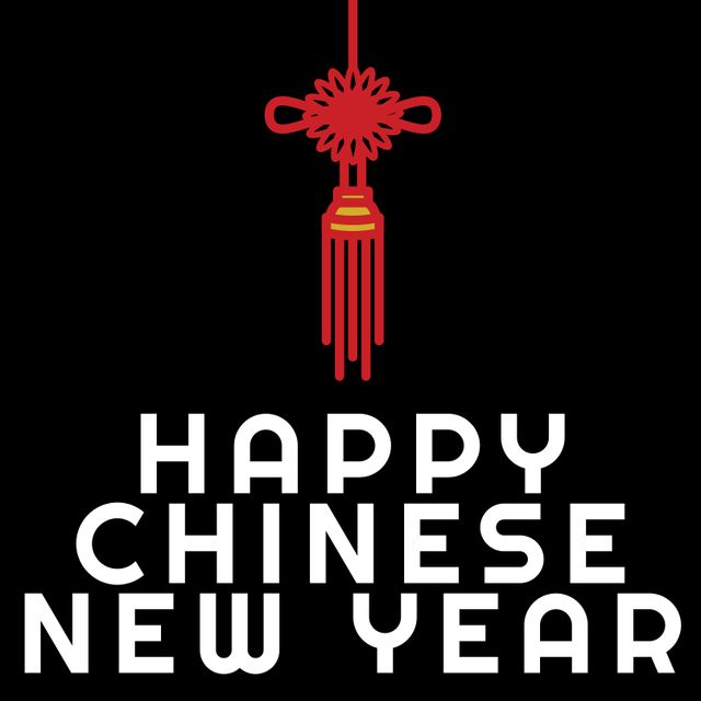 Design features 'Happy Chinese New Year' text with a traditional red Chinese knot hanging. Ideal for festive greeting cards, digital invitations, social media banners, and holiday decorations celebrating the Chinese New Year. Represents joy, happiness, and good fortune.