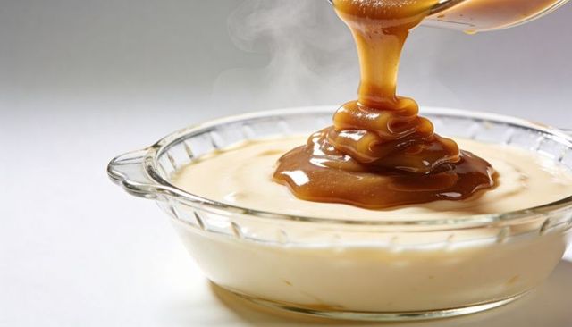 Caramel pouring over creamy vanilla custard in clear fluted dish with steam rising