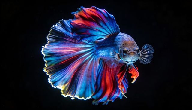 Gliding vibrant betta fish showing flowing iridescent fins and dramatic contrast on black
