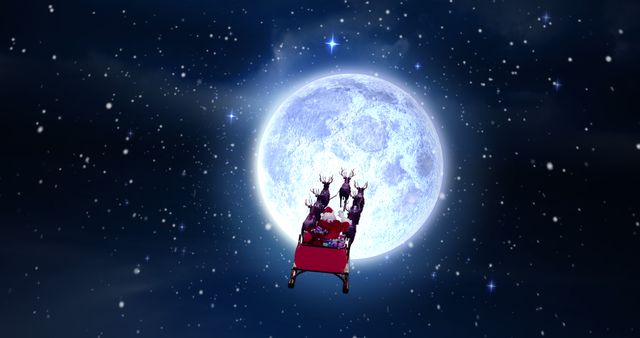 Santa Flying in Night Sky with Reindeer and Full Moon Backdrop - Download Free Stock Images Pikwizard.com