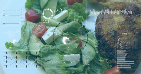 Futuristic salad hud overlay: fresh greens, cherry tomato, cucumber, feta, seared meat