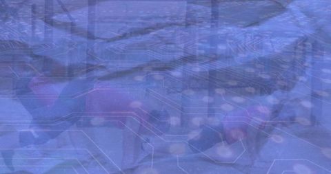 Women Exercising on Fused Circuit Board Background