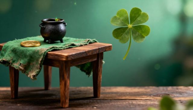 Miniature pot of gold on rustic bench with floating four-leaf clover for st patrick