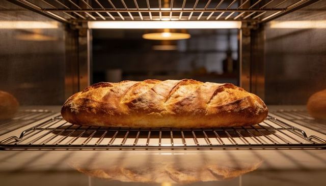 Artisan loaf browning on wire rack inside warm oven with scored crust and glow