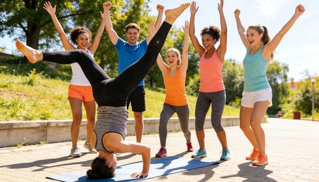 Outdoor group fitness cheering while woman practicing headstand on yoga mat in sunny park