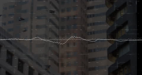 Abstract Data Wave Over Urban Cityscape