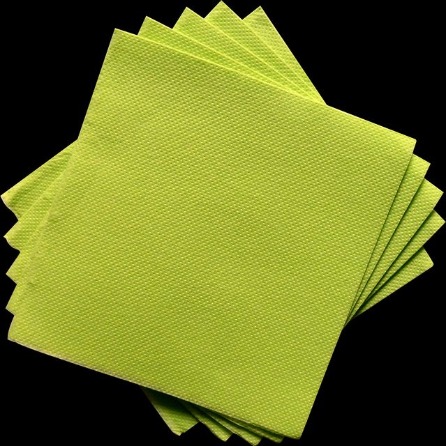 Bright green paper napkins organized in a fan-like stack against a black background. Ideal for use in designs related to parties, celebrations, dining events, and table setting arrangements. Their vibrant color and texture create a lively and festive look for any occasion.