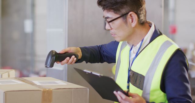 Asian male worker wearing safety suit and scanning boxes in warehouse. global business, shipping and delivery.