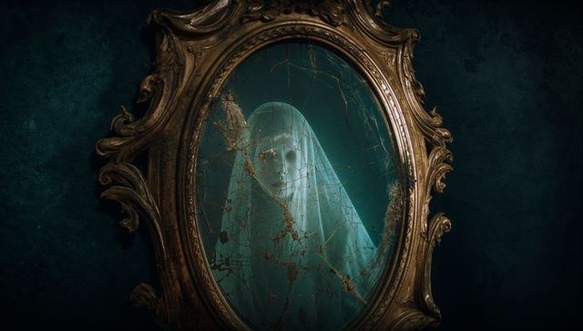 Eerie apparition behind cracked antique mirror in spooky setting
