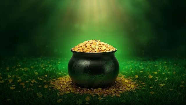 Glowing pot of gold overflowing with coins in enchanted green meadow for st patrick's luck