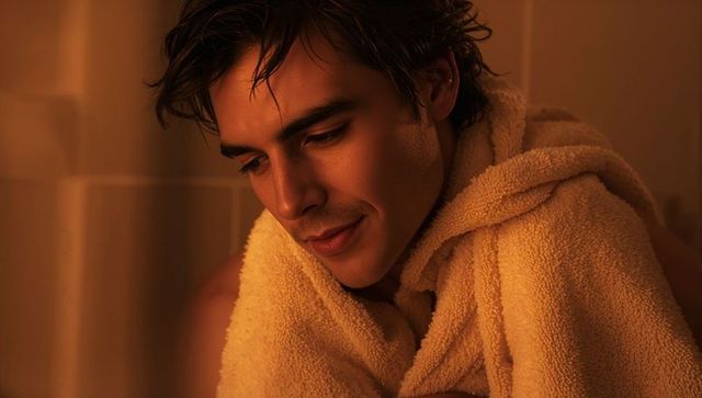 Man drying hair wrapped in towel under warm moody bathroom light post-bath portrait