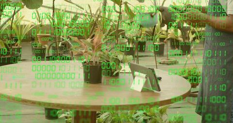 Digital transformation in plant nurseries with binary code overlay
