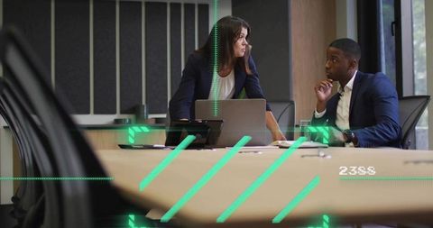 Executives collaborating with futuristic hud overlay in modern boardroom meeting