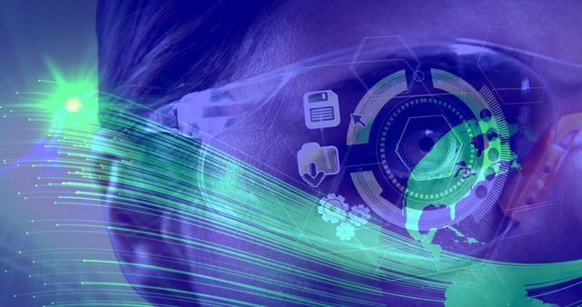 Image of lights and map over media icons on eye of woman in vr glasses using interface. digital interface technology, data processing and global communication concept digitally generated image.