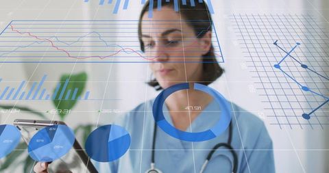 Healthcare professional analyzing data with digital chart overlay