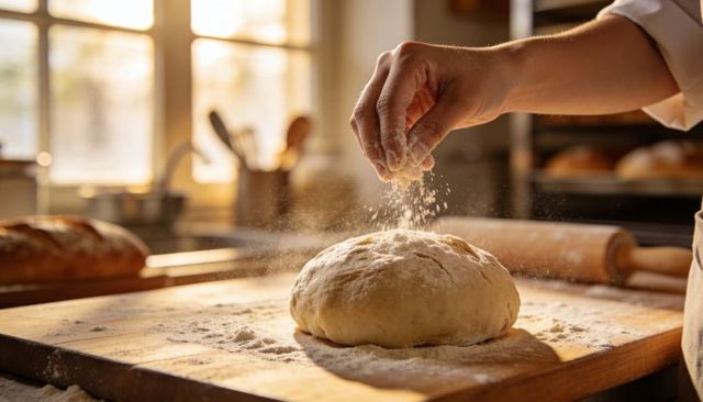 Baker Sprinkling Flour Over Artisan Bread Dough On Wooden Board In Sunlit Kitchen