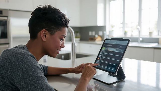 Woman Engaging with Tablet in Modern Minimalist Kitchen