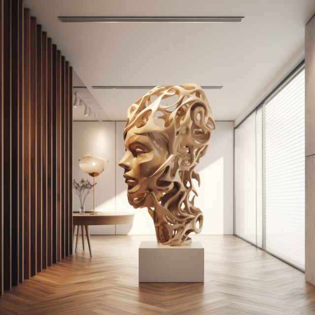 Close up of stone woman's face sculpture in modern interiors, created using generative ai technology. Art and modern abstract face sculpture design concept digitally generated image.