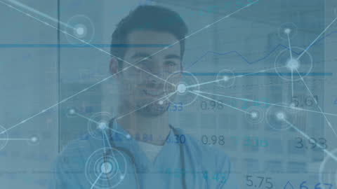 Doctor Analyzing Data with Technology Overlay