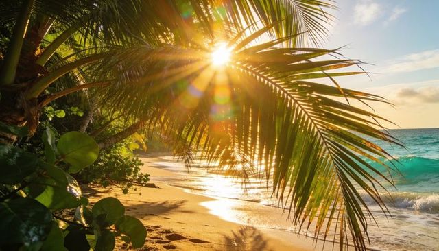 Sunlit tropical beach with arching palm frond and long shadows at golden hour, turquoise sea