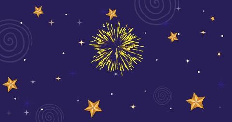 Golden firework bursting over navy starfield with faceted gold stars and festive sparkles