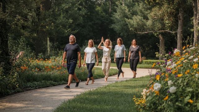 Friends walking through sunlit garden path surrounded by colorful flower beds