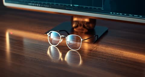Eyeglasses resting on desk before monitor displaying data