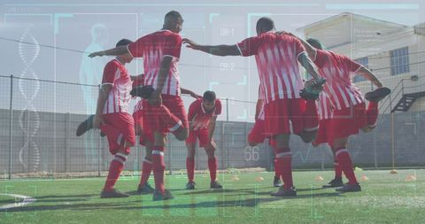 Diverse Football Team Stretching with Tech Interface Overlay