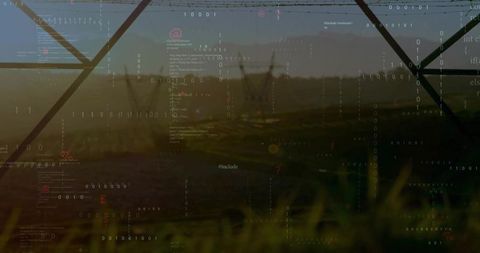 Electricity Pylons and Binary Code Overlay Illustrating Connectivity