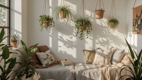 Cozy Sunlit Nook with Hanging Plants and Linens