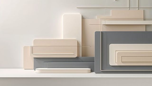 Geometric abstract sculpture with cream tones on white plinth