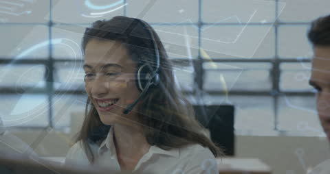 Smiling Customer Service Representative with Virtual Interface Overlay