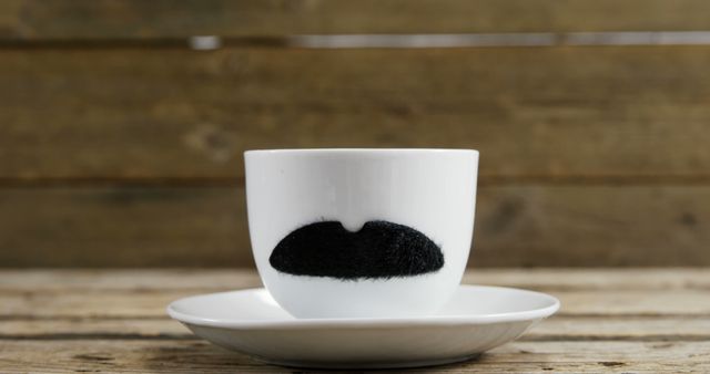 Close-up shot of a white coffee cup decorated with a black mustache design, placed on a saucer with a rustic wooden background. Perfect for usage in dining blogs, coffee shop advertisements, cafes, or humorous social media posts. The quirky design adds a fun element, while the rustic background gives it a cozy feel.