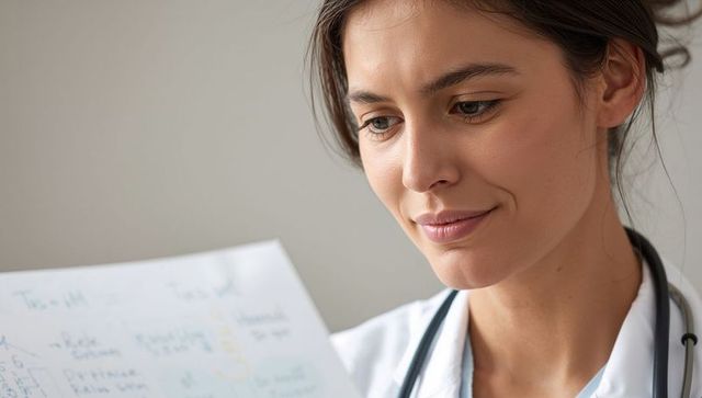 Female doctor reading patient notes concentrating close-up clinician with stethoscope