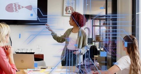 Team Collaboration Presenting Woman Using Augmented Reality Graphics in Modern Office
