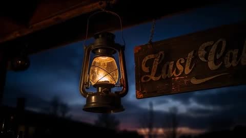Rustic Lantern Glowing and Swaying on Porch Near Last Call Sign at Twilight