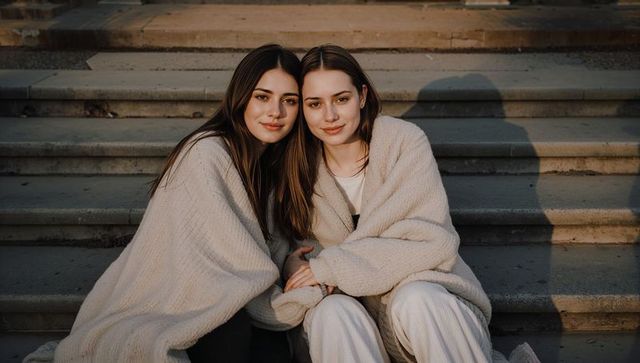Two young women wearing cream cardigans leaning together on stone steps at golden hour