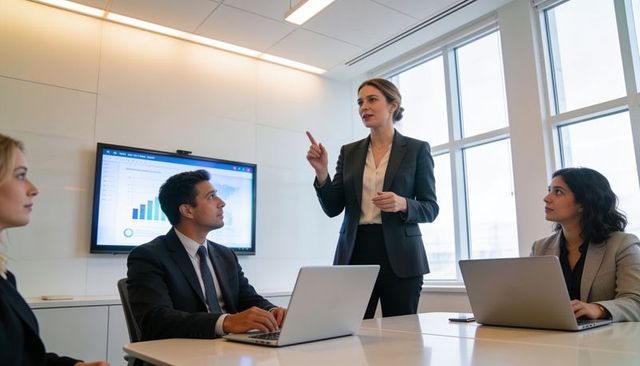 Confident businesswoman leading boardroom presentation with team using laptops