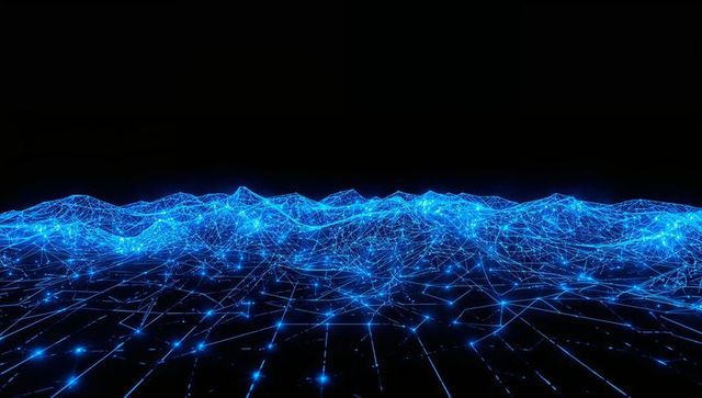 Neon Blue Wireframe Landscape With Glowing Network Nodes and Futuristic Grid Horizon